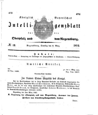 Königlich bayerisches Intelligenzblatt für die Oberpfalz und von Regensburg Samstag 6. März 1852