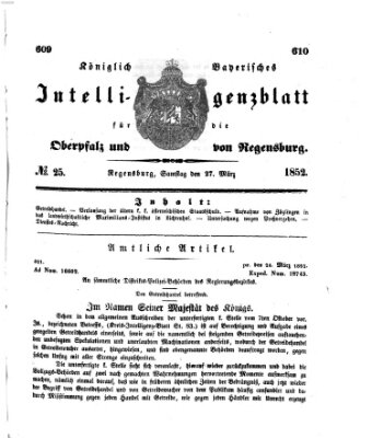 Königlich bayerisches Intelligenzblatt für die Oberpfalz und von Regensburg Samstag 27. März 1852