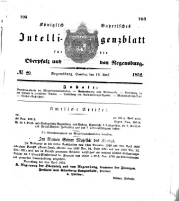 Königlich bayerisches Intelligenzblatt für die Oberpfalz und von Regensburg Samstag 10. April 1852