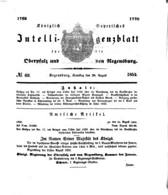 Königlich bayerisches Intelligenzblatt für die Oberpfalz und von Regensburg Samstag 28. August 1852