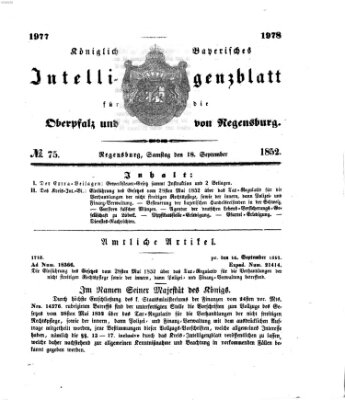 Königlich bayerisches Intelligenzblatt für die Oberpfalz und von Regensburg Samstag 18. September 1852