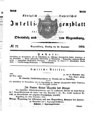 Königlich bayerisches Intelligenzblatt für die Oberpfalz und von Regensburg Samstag 25. September 1852