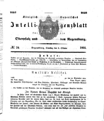 Königlich bayerisches Intelligenzblatt für die Oberpfalz und von Regensburg Samstag 2. Oktober 1852