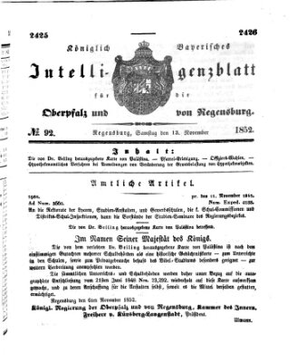 Königlich bayerisches Intelligenzblatt für die Oberpfalz und von Regensburg Samstag 13. November 1852