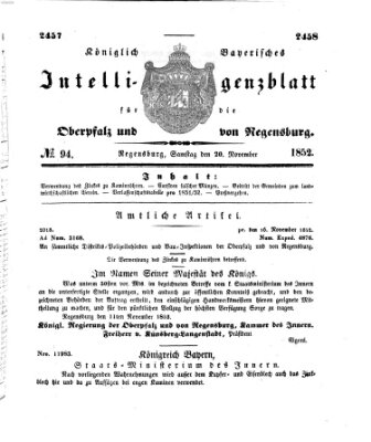 Königlich bayerisches Intelligenzblatt für die Oberpfalz und von Regensburg Samstag 20. November 1852