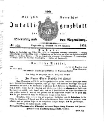 Königlich bayerisches Intelligenzblatt für die Oberpfalz und von Regensburg Mittwoch 29. Dezember 1852