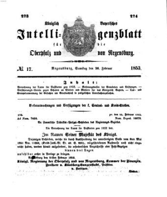 Königlich bayerisches Intelligenzblatt für die Oberpfalz und von Regensburg Samstag 26. Februar 1853