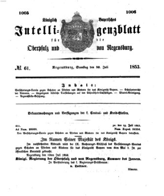 Königlich bayerisches Intelligenzblatt für die Oberpfalz und von Regensburg Samstag 30. Juli 1853