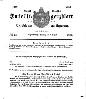 Königlich bayerisches Intelligenzblatt für die Oberpfalz und von Regensburg Samstag 6. August 1853