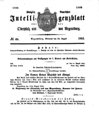 Königlich bayerisches Intelligenzblatt für die Oberpfalz und von Regensburg Mittwoch 24. August 1853