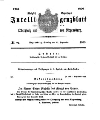 Königlich bayerisches Intelligenzblatt für die Oberpfalz und von Regensburg Samstag 10. September 1853