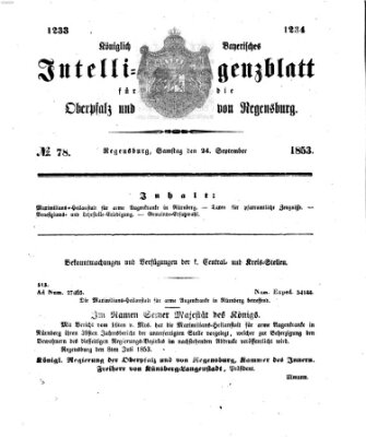 Königlich bayerisches Intelligenzblatt für die Oberpfalz und von Regensburg Samstag 24. September 1853