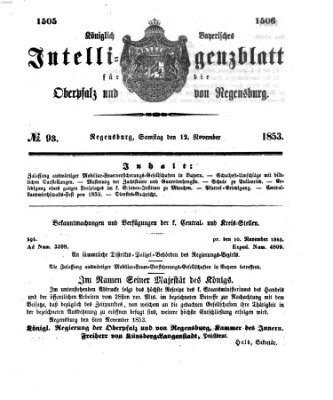 Königlich bayerisches Intelligenzblatt für die Oberpfalz und von Regensburg Samstag 12. November 1853