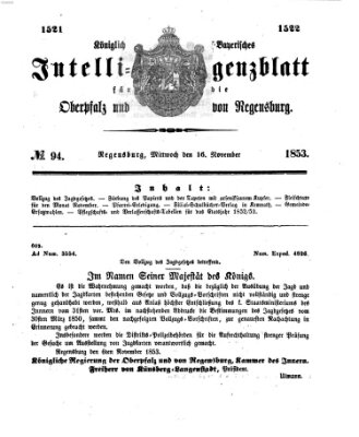 Königlich bayerisches Intelligenzblatt für die Oberpfalz und von Regensburg Mittwoch 16. November 1853