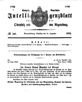 Königlich bayerisches Intelligenzblatt für die Oberpfalz und von Regensburg Samstag 31. Dezember 1853