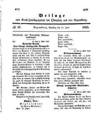 Königlich bayerisches Intelligenzblatt für die Oberpfalz und von Regensburg Samstag 11. Juni 1853