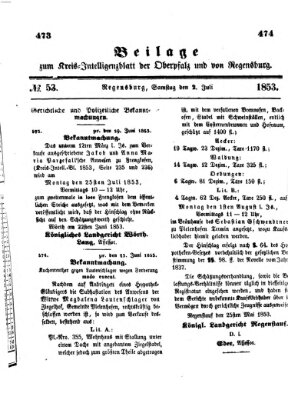 Königlich bayerisches Intelligenzblatt für die Oberpfalz und von Regensburg Samstag 2. Juli 1853