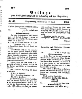 Königlich bayerisches Intelligenzblatt für die Oberpfalz und von Regensburg Mittwoch 17. August 1853