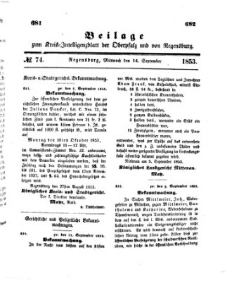 Königlich bayerisches Intelligenzblatt für die Oberpfalz und von Regensburg Mittwoch 14. September 1853