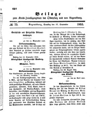 Königlich bayerisches Intelligenzblatt für die Oberpfalz und von Regensburg Samstag 17. September 1853