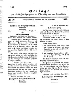 Königlich bayerisches Intelligenzblatt für die Oberpfalz und von Regensburg Mittwoch 21. September 1853