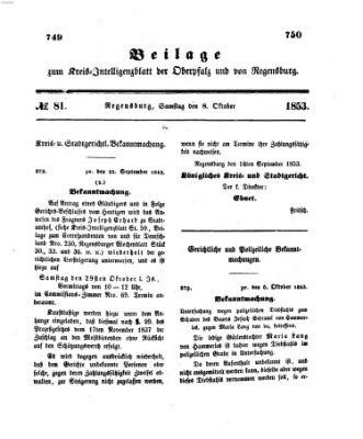 Königlich bayerisches Intelligenzblatt für die Oberpfalz und von Regensburg Samstag 8. Oktober 1853