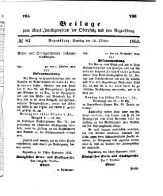 Königlich bayerisches Intelligenzblatt für die Oberpfalz und von Regensburg Samstag 15. Oktober 1853