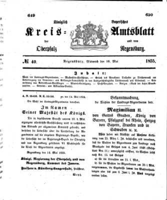 Königlich-bayerisches Kreis-Amtsblatt der Oberpfalz und von Regensburg (Königlich bayerisches Intelligenzblatt für die Oberpfalz und von Regensburg) Mittwoch 16. Mai 1855