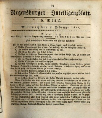 Regensburger Intelligenzblatt (Regensburger Wochenblatt) Mittwoch 5. Februar 1812