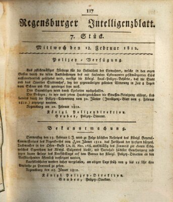 Regensburger Intelligenzblatt (Regensburger Wochenblatt) Mittwoch 12. Februar 1812