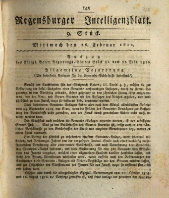 Regensburger Intelligenzblatt (Regensburger Wochenblatt) Mittwoch 26. Februar 1812