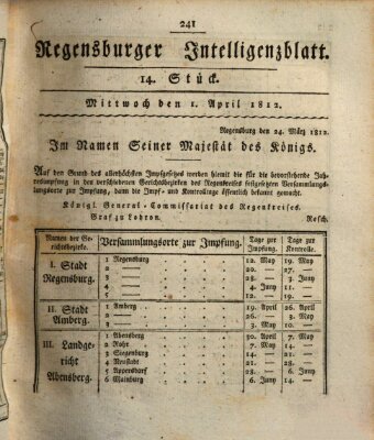 Regensburger Intelligenzblatt (Regensburger Wochenblatt) Mittwoch 1. April 1812