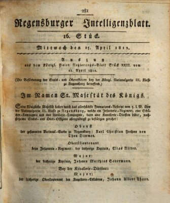 Regensburger Intelligenzblatt (Regensburger Wochenblatt) Mittwoch 15. April 1812