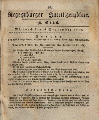 Regensburger Intelligenzblatt (Regensburger Wochenblatt) Mittwoch 16. September 1812