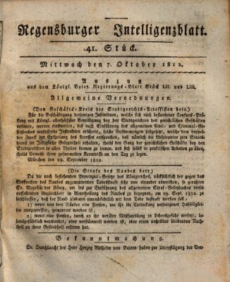 Regensburger Intelligenzblatt (Regensburger Wochenblatt) Mittwoch 7. Oktober 1812