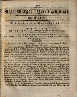 Regensburger Intelligenzblatt (Regensburger Wochenblatt) Mittwoch 2. Dezember 1812