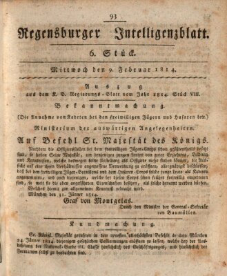 Regensburger Intelligenzblatt (Regensburger Wochenblatt) Mittwoch 9. Februar 1814