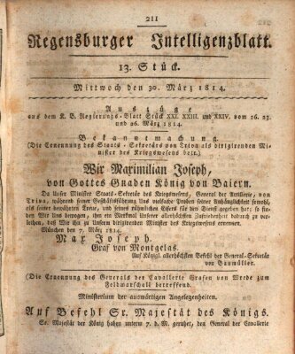 Regensburger Intelligenzblatt (Regensburger Wochenblatt) Mittwoch 30. März 1814