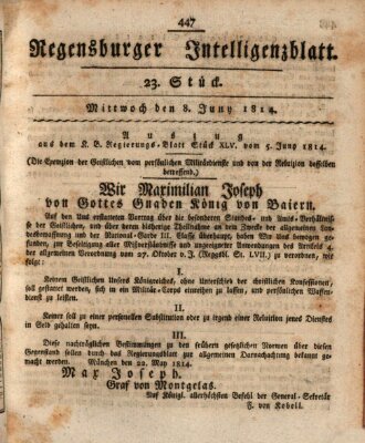 Regensburger Intelligenzblatt (Regensburger Wochenblatt) Mittwoch 8. Juni 1814