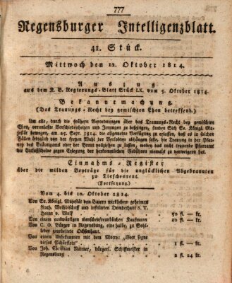 Regensburger Intelligenzblatt (Regensburger Wochenblatt) Mittwoch 12. Oktober 1814