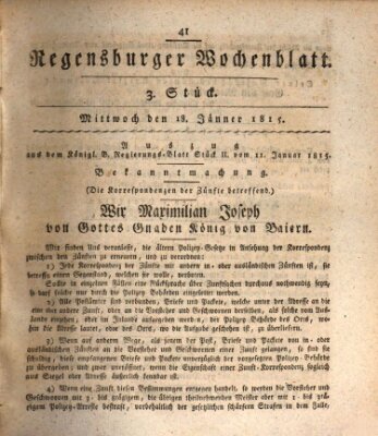 Regensburger Wochenblatt Mittwoch 18. Januar 1815