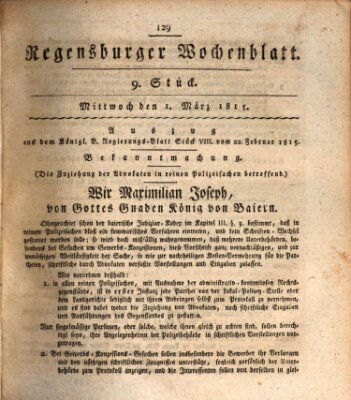 Regensburger Wochenblatt Mittwoch 1. März 1815