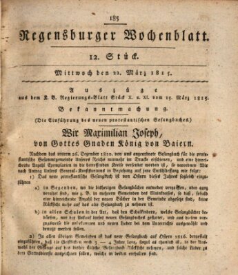 Regensburger Wochenblatt Mittwoch 22. März 1815