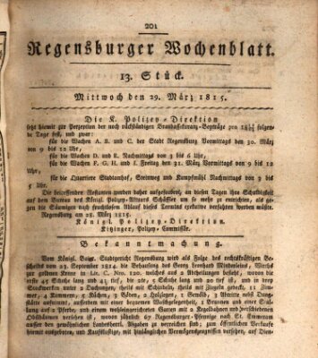 Regensburger Wochenblatt Mittwoch 29. März 1815