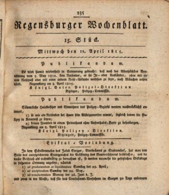 Regensburger Wochenblatt Mittwoch 12. April 1815