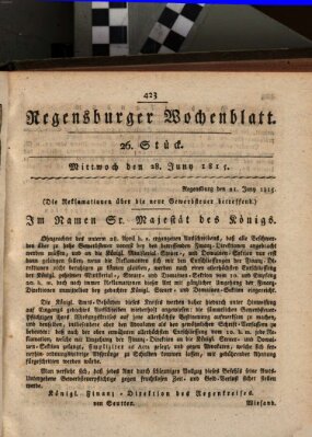 Regensburger Wochenblatt Mittwoch 28. Juni 1815