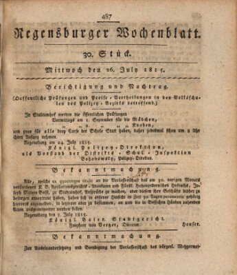 Regensburger Wochenblatt Mittwoch 26. Juli 1815