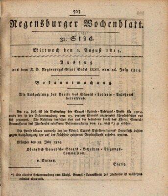 Regensburger Wochenblatt Mittwoch 2. August 1815