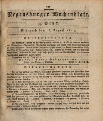 Regensburger Wochenblatt Mittwoch 16. August 1815