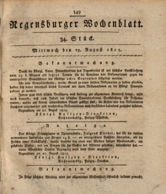 Regensburger Wochenblatt Mittwoch 23. August 1815